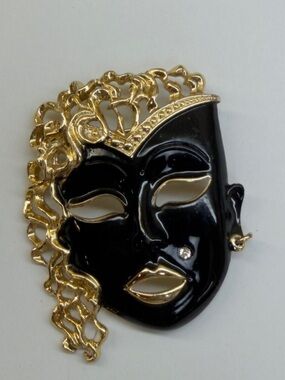 Gold and Black Masquerade Face Brooch - Women Accessories